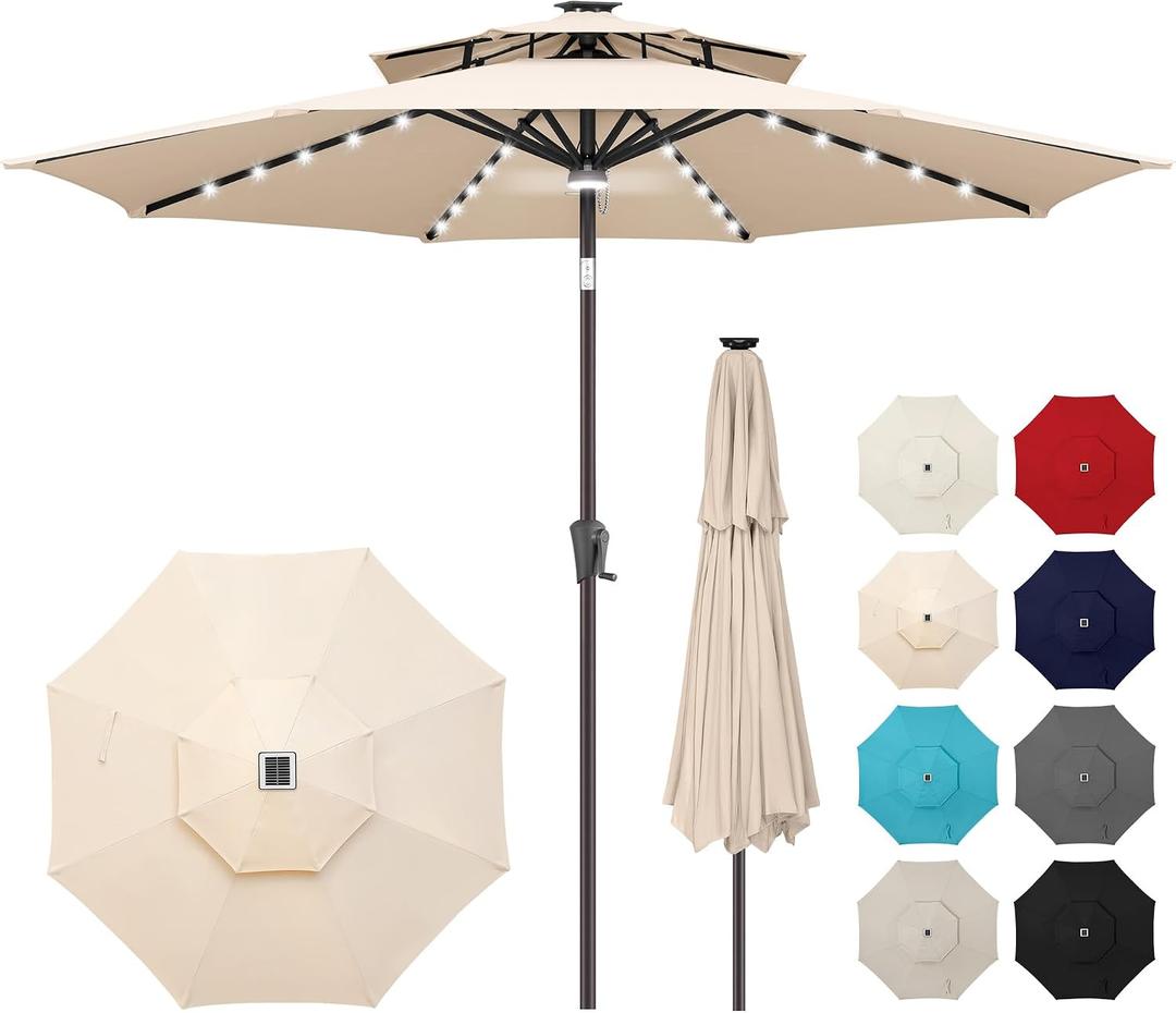 9ft Solar Umbrella Outdoor - 2 Tiers Lighted Solar Patio Umbrella with 40 LED Lights Waterprool UV Protection, Table Umbrella with Tilt for Pool, Porch, Garden, Backyard (Beige), 9ft double-top