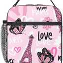 Pack of 2, VANZEV Paris Eiffel Tower Lunch Box for Adults Kids Women Men Pink Butterfly Lunch Bag Cooler Tote Reusable Insulated Lunch Bag Container Gifts for Office Picnic Travel Work School