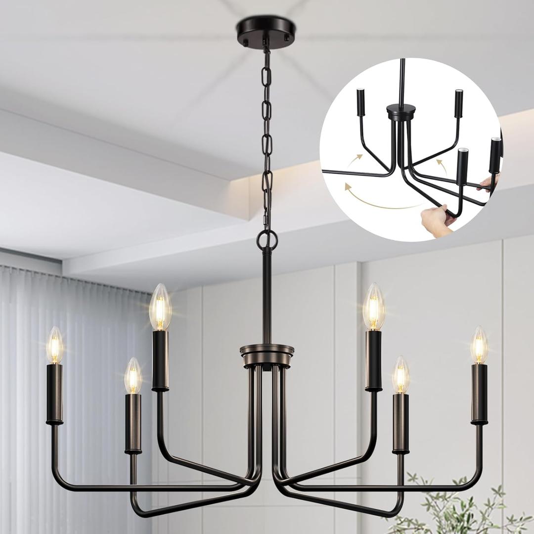 Black Chandelier, 6 Light Farmhouse Chandelier for Dining Room Light Fixture, Pre-assembled Dining Room Chandelier with Adjustable Metal Chain, for Dining Table/Kitchen/Office/ Living Room/Bedroom