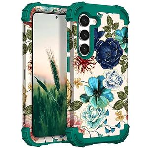 Hocase for Galaxy S23 Plus Case, Shockproof Heavy Duty Protection Soft Silicone Rubber Bumper+Hard Plastic Hybrid Protective Case for Samsung Galaxy S23 Plus (6.6") 2023 - Teal Flowers