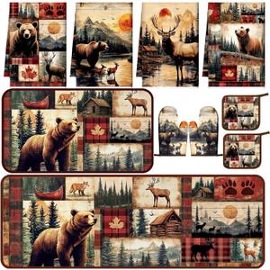 10 Pcs Farmhouse Kitchen Decor Set 4 Cabin Brown Bear Kitchen Towels 2 Forest Wild Animal Pot Holders 2 Rustic Lodge Deer Oven Mitts 2 Vintage Wildlife Rugs for Cooking Baking Mom Housewarming Gift