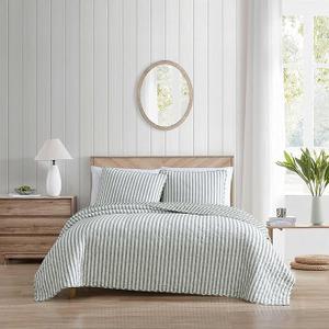 Ellen Tracy™ Queen Quilt Set, Reversible Cotton Bedding with Matching Shams, Striped Ideal Bedding Set (Willow Way Green, Full/Queen)