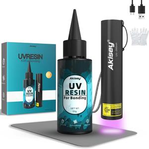 Akisey UV Resin Kit with Light, 50g UV Resin with Rechargeable 395NM UV Flashlight, Fast Curing in Seconds, UV Glue Adhesive for Bonding Jewelry, Plastic, Glass & Acrylic Repair Kit with Mat, Gloves