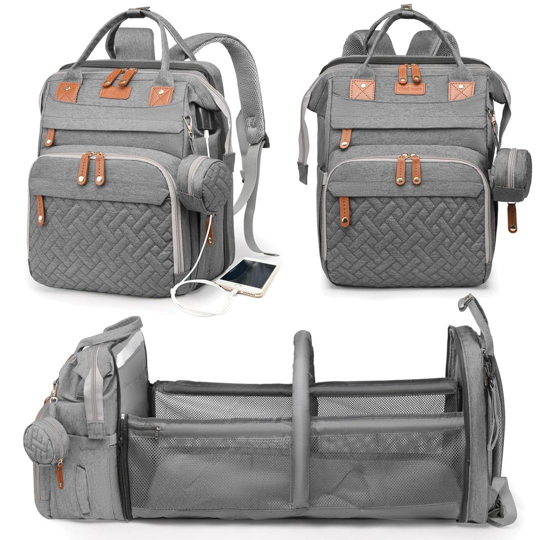 Baby Diaper Bags with Changing Station, Waterproof Diaper Bag Backpack for Moms Dads with USB Charging Port, Baby Shower Gifts, Large Capacity diaper backpack, Grey 