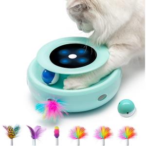 ORSDA Cat Toys 2-in-1 Interactive Cat Toys for Indoor Cats, Automatic Cat Toy Balls, Mice Toys Ambush Feather Kitten Toys with 7pcs Attachments, Dual Power Supplies, Adjustable Speed, Auto On/Off (Robin egg blue)