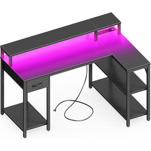 SUPERJARE 47 inch L Shaped Gaming Desk with LED Lights & Power Outlets, Reversible Computer Desk with Shelves & Monitor Stand, Corner Desk with Drawer, for Home & Office, Carbon Fiber Black