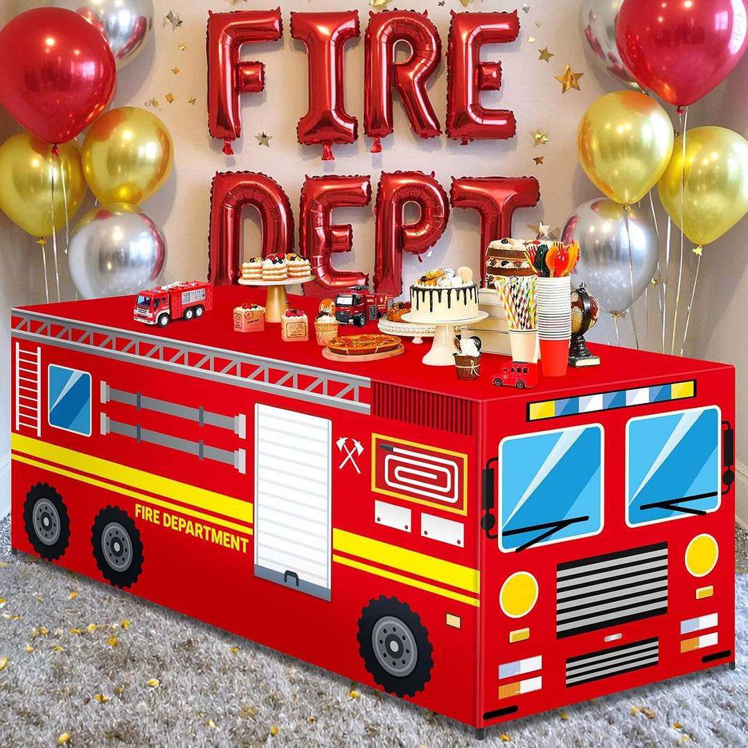 6 Ft Firetruck Tablecloths Birthday Party Decorations Firefighter Theme Table Cover Washable Fabric Polyester Fire Rectangle Department Table Covers Protector for School Birthday Party Decorations