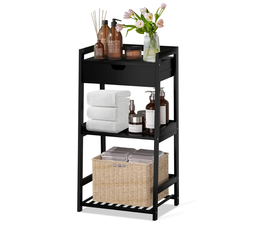 3 Tier Bamboo Bathroom Shelves with Drawer, Ladder Shelf for Bathroom Storage, Space-Saving Design, Stylish Display Nightstand, Stylish Storage Solution for Home, Living Room, Kitchen, Office