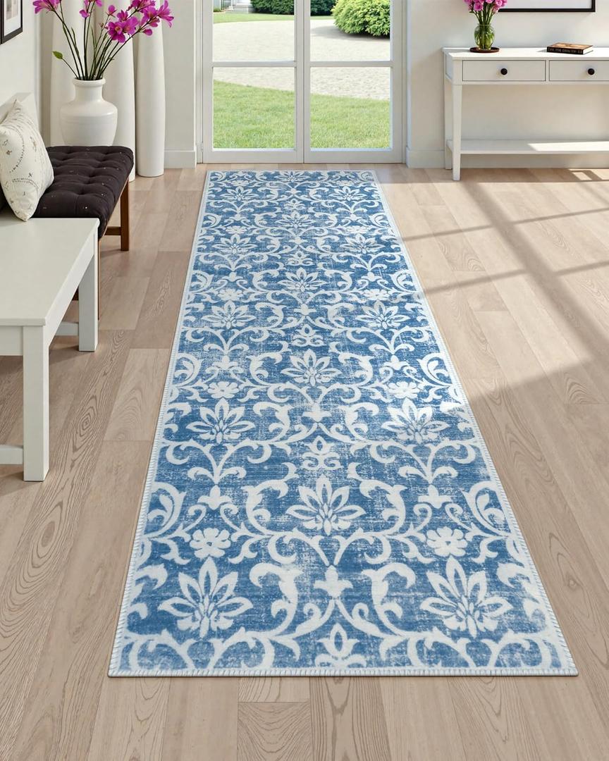 Morebes Washable 2x6 Bathroom Runner Rug, Floral Rug Runners for Hallways 6 Feet Non Slip Vintage Kitchen Runner Rug, Soft Low Pile Floor Carpet for Laundry Room Bedroom, Light Blue