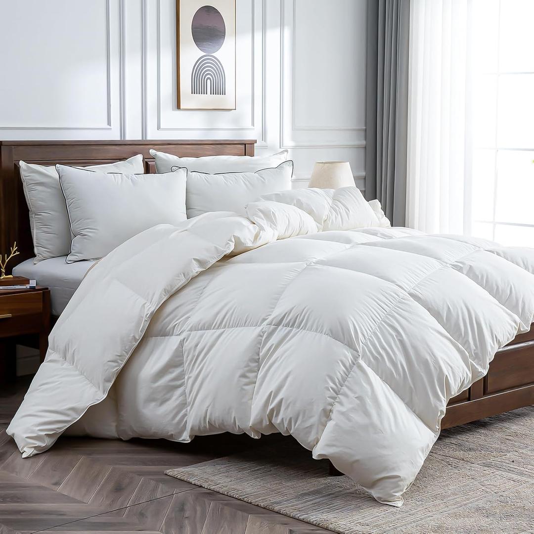 BPC Feather Down Fiber Comforter Oversized Queen for All Season, Ultra-Soft Hotel Duvet Insert with Egyptian Cotton Blend Cover, Medium Warm Bed Comforter, White, 98x98 Inches