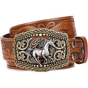 Western Cowboy Belts Western Belts for Women Men Cowgirl Cowboy Belt Buckles Leather Cowboy Belt for Men Rodeo Outfit (for Wasit 41"-44", Gold Horse/Brown Belt)