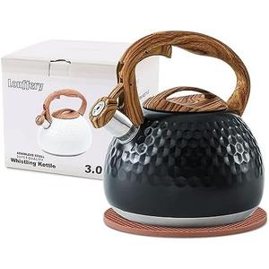 GGC Tea Kettle for Stove Top, Loud Whistling Kettle for Boiling Water Coffee or Milk, 3.1 Quart 3L Heavy Stainless Steel Black Kettle with Wood Pattern Handle, Unique Button Control Kettle Outlet 