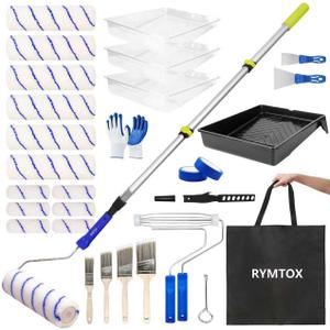 33PCS Paint Roller Kit with Extension Pole | 24 FT Pole | 9" & 4" Paint Rollers | Carry Bag | 4 Brushes & Tape | Professional Painting Supplies & Paint Brushes Set for Walls Ceilings and Home