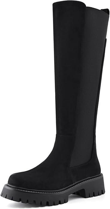 Women’s Knee High Boots Platform Stretch Lug Sole Riding Boots Round Toe Elastic Comfortable Fashion Dress Boots with Side Zipper, Size 7.5