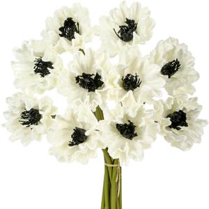 10Pcs White Poppies Flowers Artificial 12.9In Fake Poppies Anemone PU Flower Stem for Wedding Floral Arrangement Home Table Vase Decoration