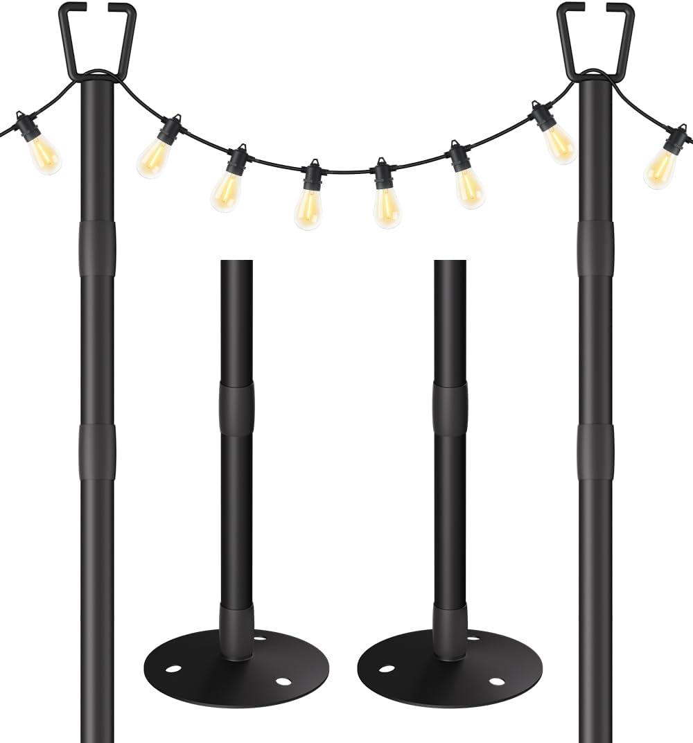 2 Pack 10FT String Light Poles for Outdoor Decor, Sturdy Light Pole with Hard Ground Base, Adjustable Metal Light Posts for Outside Patio, Backyard, Deck, Garden, Party, Wedding