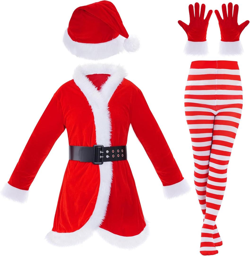 Fengek 5 Pcs Santa Claus Costume for Women Mrs Claus Dress With Belt Gloves Hat Pantyhose Accessory for Christmas Party