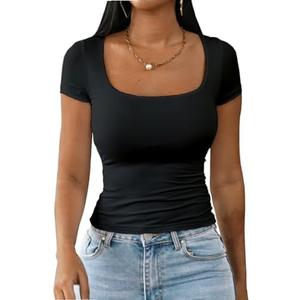 Dwnval Womens Summer Sexy Square Neck Tops Double Lined Short Sleeve Shirts Slim Fit Crop Top XS