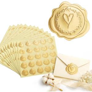 300pcs Gold Embossed Wax Seal Looking Heart Envelope Seals for Wedding Invitations/Greeting Cards/Party Favors, Self-Adhesive