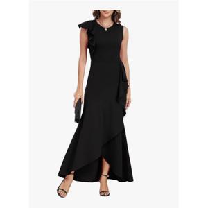 FQA Long Formal Dresses for Women Black Cocktail Evening Gowns Elegant Ruffled Sleeve M