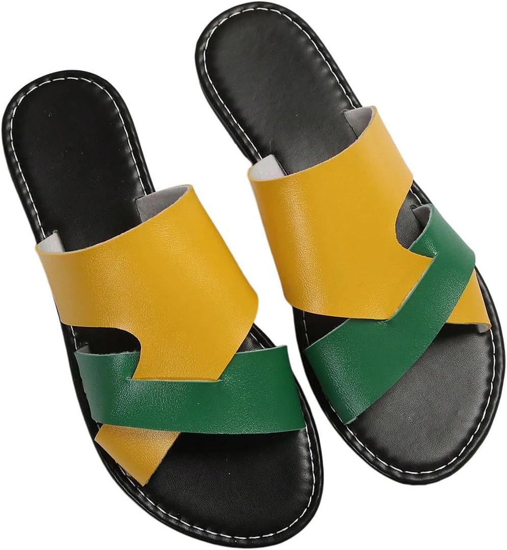 GORGLITTER Women's Colorful Criss Cross Sandals Dressy Leather Open Toe Slip on Slide Summer Beach Flat Sandal (9.5, Green and Yellow)