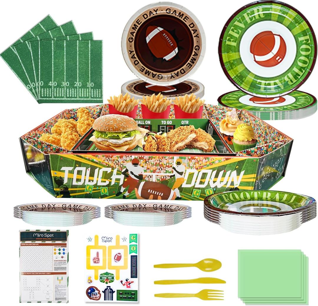 Football Party Tableware Supplies Kit, 2025 Super Bowl Party Favors Kit Serve 12, Includes Super Snack Stadium, 24 Paper Plates, 12 Knives Forks & Spoons, Napkins, and Game Cards