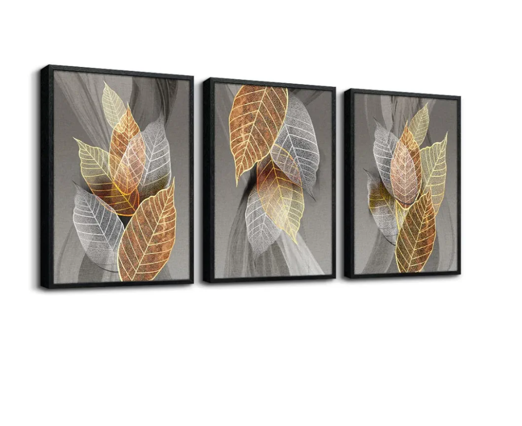 Black Framed Canvas Wall Art For Living Room Wall Decorations For Kitchen Large Size Wall Decor Abstract Leaves Painting Inspirational Pictures Artwork Bathroom Home Decor of 3 Piece Framed Art Prints 19,7 X 27.7