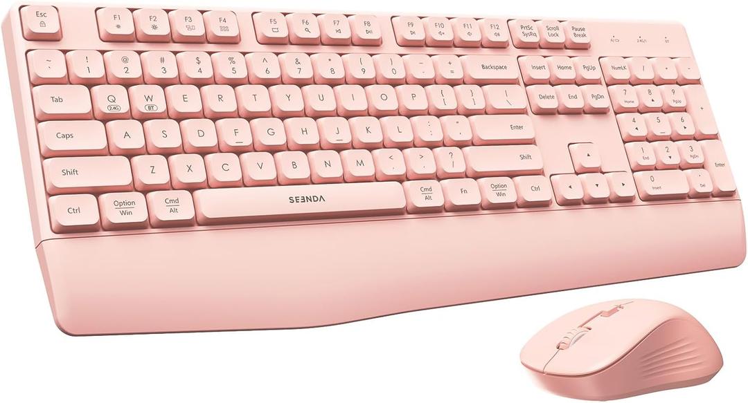 seenda Wireless Bluetooth Keyboard Mouse Combo, COE200 Ergonomic Keyboard with Wrist Rest, Silent Mouse, Multi-Device Connection, Full-Size Compatible for Windows PC Laptop Mac MacBook, Pink