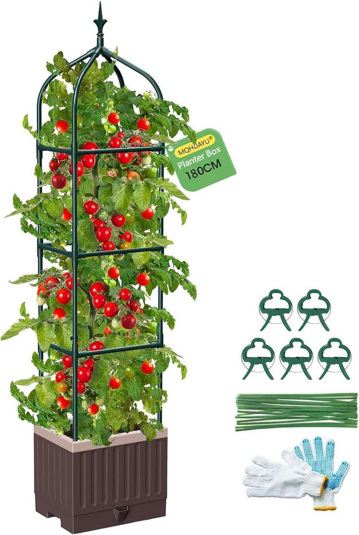 Raised Garden Bed Planter Boxes with Trellis,1pcs 70.9" Self-Watering Tomato Planter Boxes with Trellis for Climbing Vegetables Plants Flowers Tomato,Use for Indoor Outdoor (Brown)