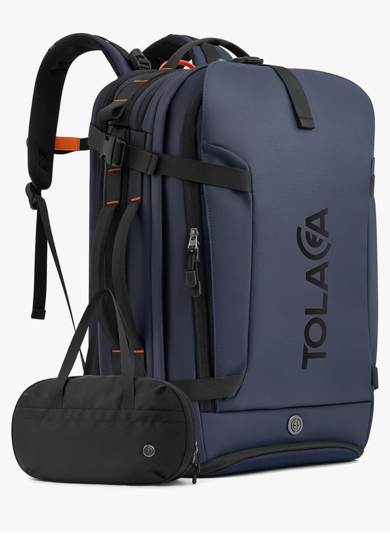 Tolaccea Travel Laptop Backpack, TSA Friendly Flight Approved Carry-on Business Rucksack Work Backpack with Extra Toiletry Bag, Dual Storage for 17.3" Laptop and 12.9" Tablet, 40-45L Expandable