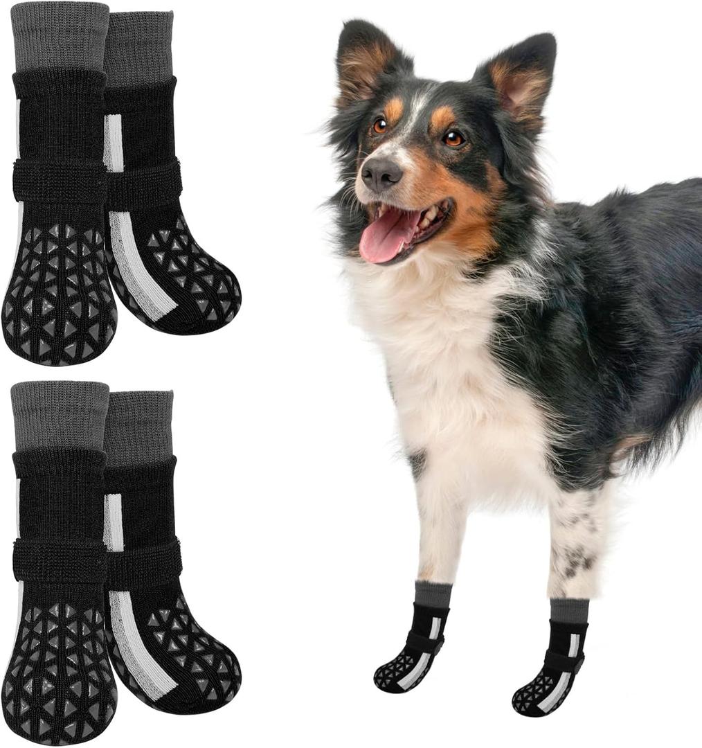 SCENEREAL Anti Slip Dog Socks to Prevent Licking Paws, Dog Shoes for Hot/Cold Pavement, Paw Protector Traction Control on Hardwood Floor, Dog Shoes Booties for Puppy Small Medium Large Senior Dogs (L(Pack of 4), Sporty Style-Black)