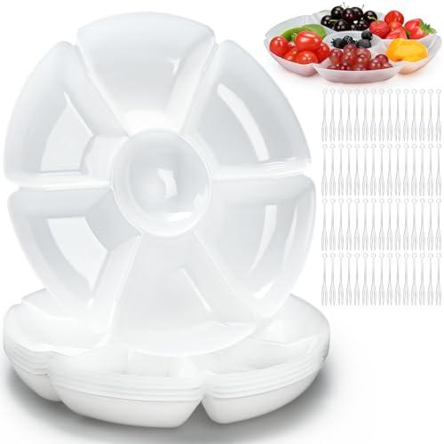Zhehao 6 Pcs Plastic Divided Serving Trays with 60 Pcs Disposable Fork, 7 Compartments Round Chip Dip Plate, Petal Shape Platter, 10.6'' Snacks Serving Dish for Party Candy Nuts Fruits (White)