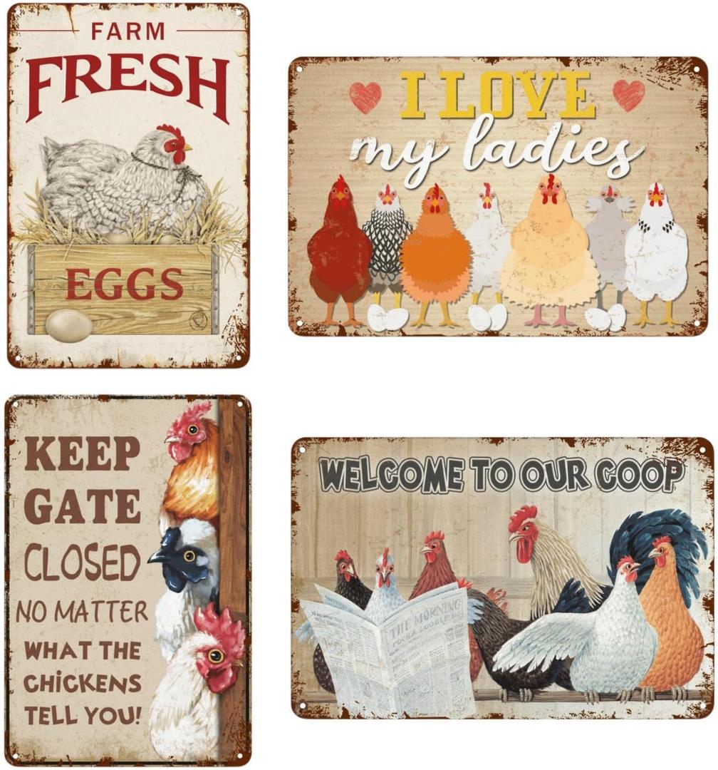 Chicken Signs - Coop Funny Outdoor Chicken Decor Bundle 4 Pieces Chicken Farmhouse Wall Decor Garage Retro Home Bar Table For Bar Sign 8X12 Inch
