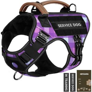 Tactical Dog Harness - HEYCAHVA Service Dog Vest Full Metal Buckles Dog Vest for Medium Large Dog Reflective No Pull Dog Harnesses Vest with Leather Handle, Hook & Loop for Hiking Training (Purple, L)