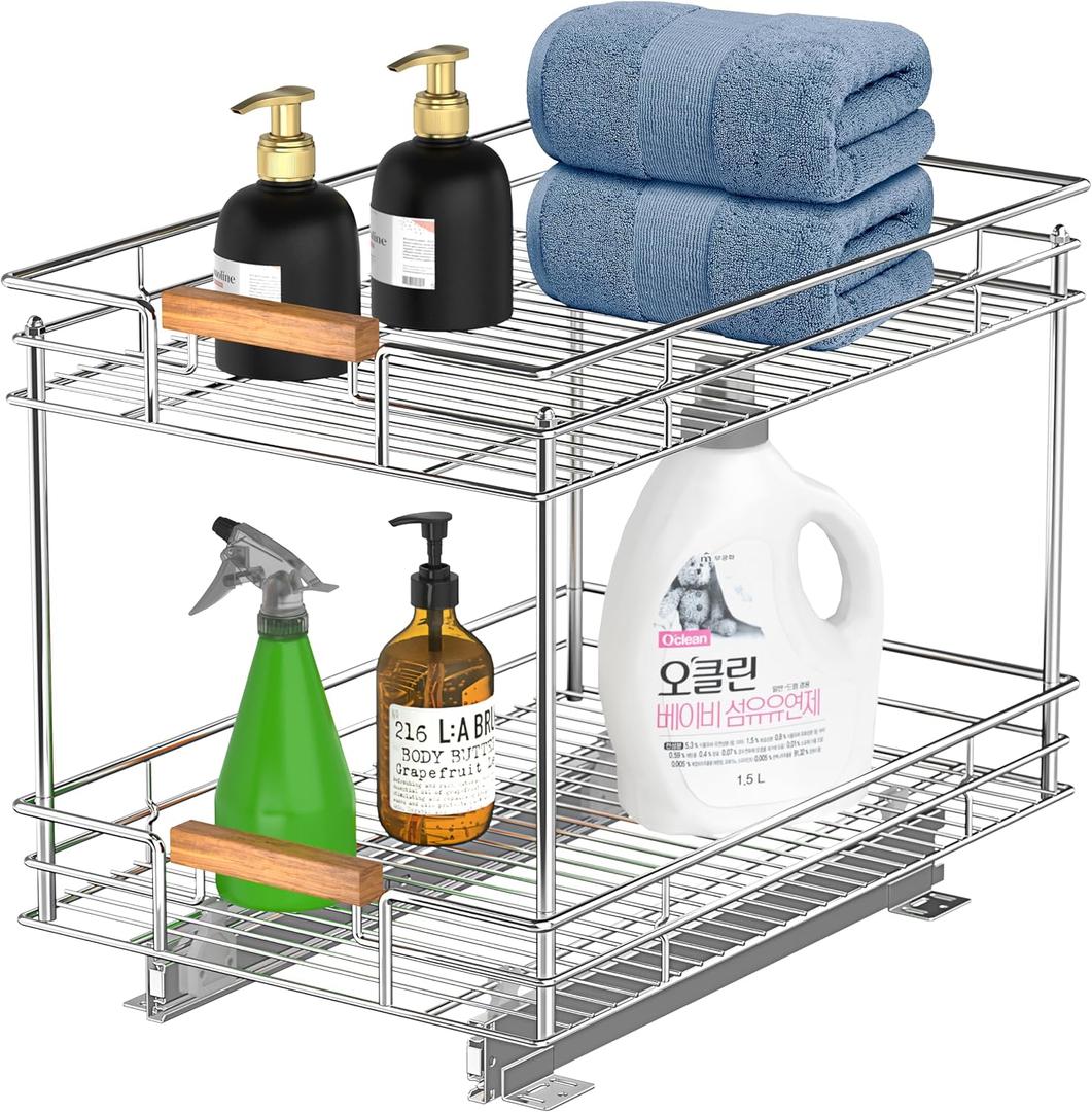 Mount Walker Pull Out Cabinet Organizer(14" W x 21" D), 2 Tier Slide Out Shelves with Wood Handle, Sliding Drawer Pull Storage Shelf for 15-1/4” Cabinet Opening, Chrome