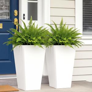Worth Garden 20" Tall Planters Set of 2 Large White Tapered Plastic Flower Pots for Indoor & Outdoor Use Modern Plant Containers with Drainage Holes Ideal for Front Porch, Patio, Balcony