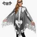 Halloween Skeleton Poncho for Women, Lace Skeleton Cape Shawl with Bat Mask, Halloween Costume for Women