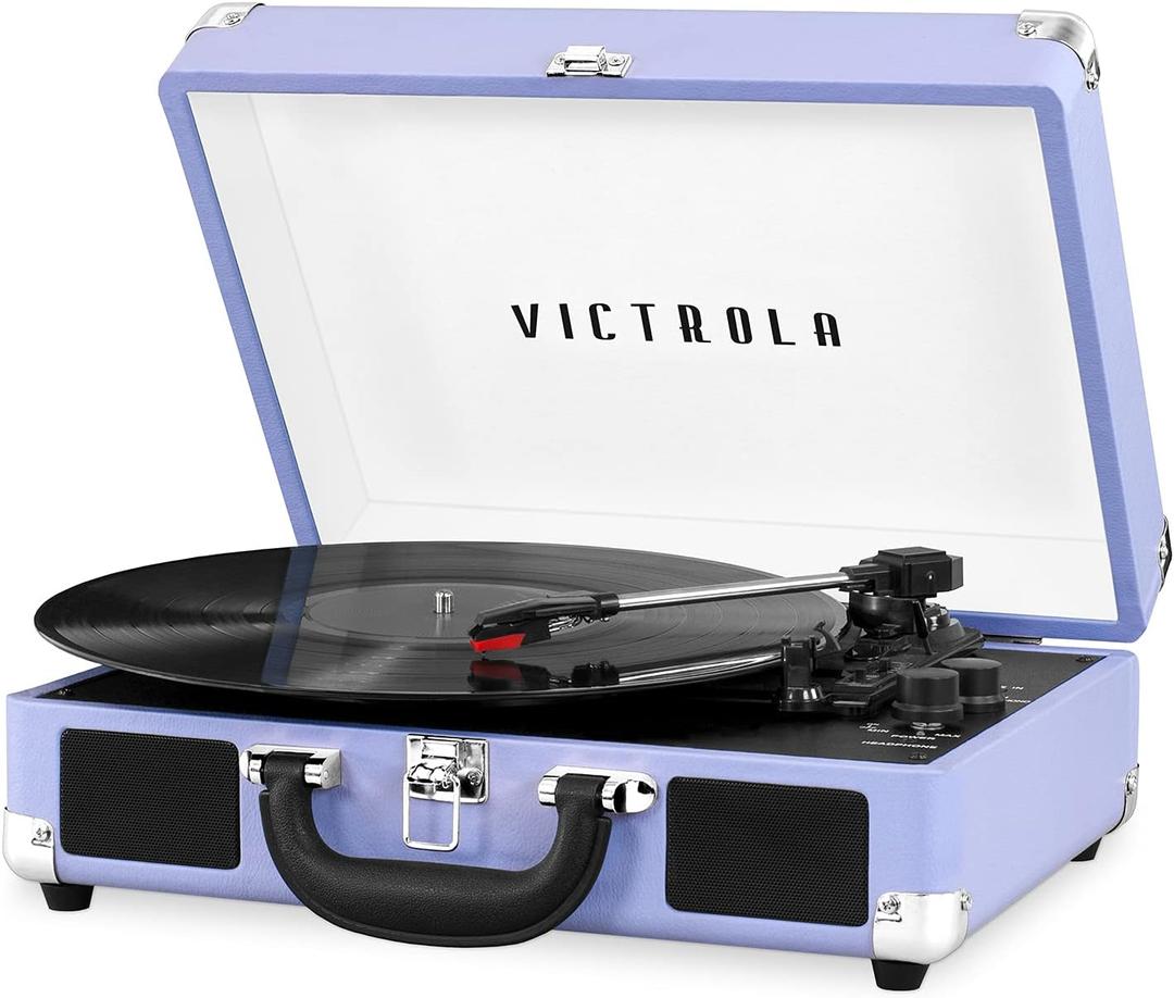Victrola Journey Bluetooth Portable Suitcase Record Player  with Built-in Speakers, 3 Speed Vinyl Record Player, RCA Out, Headphone Jack (Lavender/Silver)