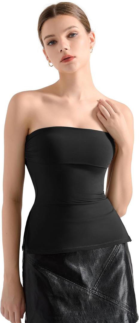 SUUKSESS Women Double Lined Going Out Trendy Tube Tops Side Split Sexy Tank Tops (Medium, Black)
