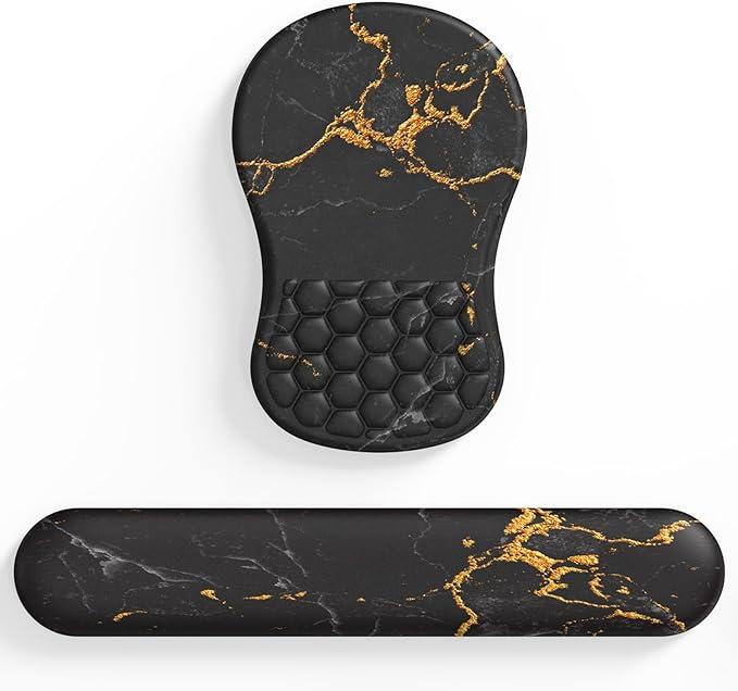 Mouse Pad with Wrist Rest, Ergonomic Memory Foam Keyboard Wrist Pad & Mousepad Wrist Support Set, with Non-Slip PU Base, Pain Relief for Computer (Black Marble)