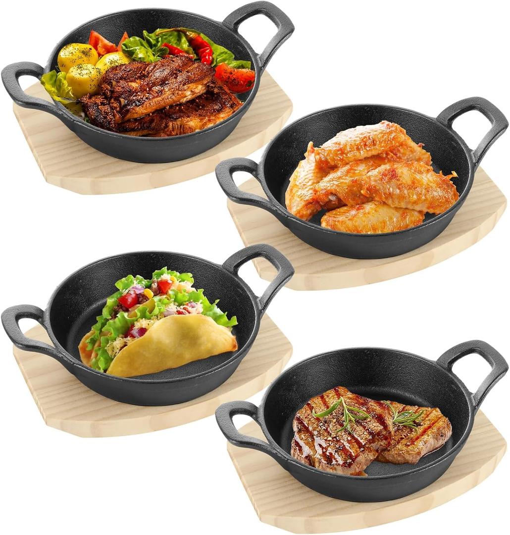 4 Sets Mini Cast Iron Skillet with Wooden Base Small Cast Iron Plates Skillet Round Fajita Plate Hot Steak Pot Dish for Kitchen Restaurant Barbecue(6.3 Inches)