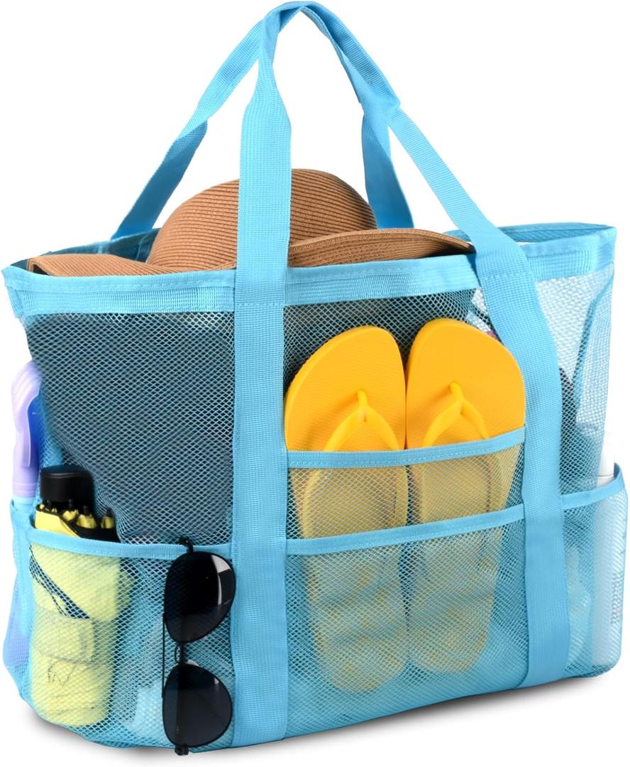 CaCTOUR Mesh Beach Bag,Large Beach Bags for Women with 8 Pockets,Packable Tote Bag for Beach Cruise Pool Vacation Essentials Sky Blue