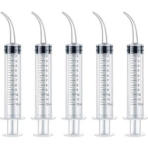 5 Pack Dental Syringe Disposable 12ml Dental Irrigation Syringe with Curved Tip for Oral, Dental Care, Tonsil Stone Squirt, Feed Pet, Liquid Injection, Oil, Glue, With Clear Measurement (C 5 Pack 12ml)