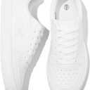 Moudki Womens White Tennis Shoes PU Leather Sneakers Casual Walking Shoes (White,US7)