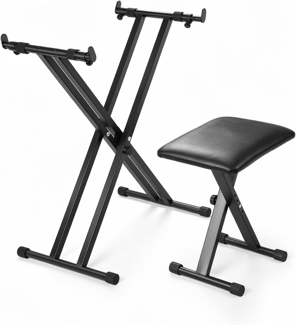 Keyboard Stand & Bench Set Double-X Piano Stand with Adjustable Height (7 Levels), Foldable Design, Heavy-Duty Construction, Suitable for Most Keyboards, Digital Pianos