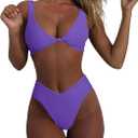 geluboao Bikini Set for Women Solid V Neck Knot Front Push Up High Leg Thong Two Piece Swimsuit (Small, Dark Purple)