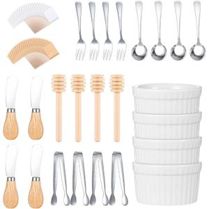 44Pcs Charcuterie Board Accessories Stainless Steel Cheese Spreader Knives Set, Mini Serving Spoons, Blank Toothpick Flags, Bowl for Christmas Pastry Making, forks and Mini Serving Tongs