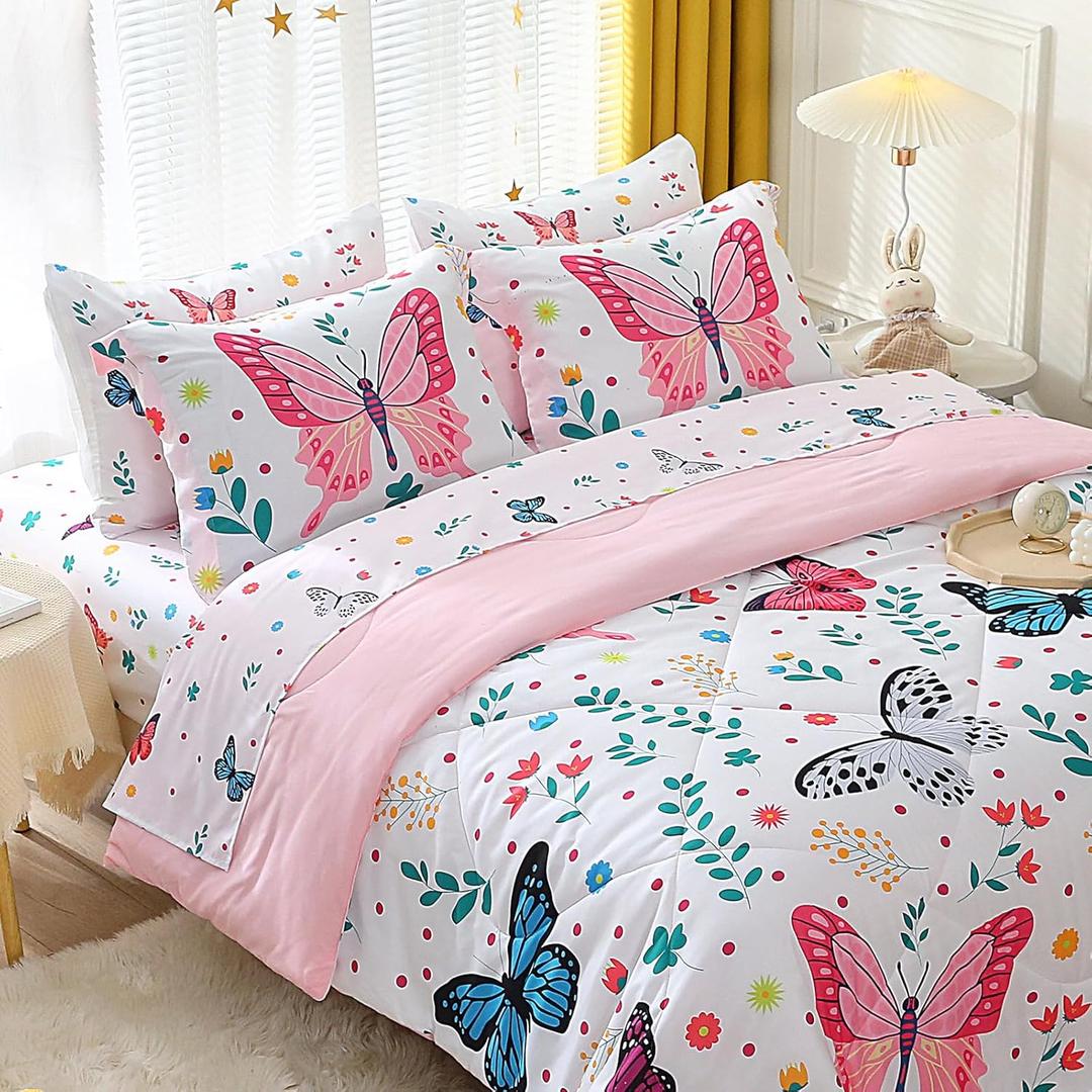 Butterfly Comforter Set Twin Size for Girls Kids Teens 3 Piece Bed in A Bag Colorful Butterflies Flower Leaves Bedding Set All Season Lightweight