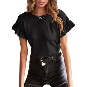 EVALESS Womens Summer Casual Short Sleeve Tops Ruffle Basic T Shirts Round Neck Solid Knit Loose Fit Tee Blouses (Large, Black)