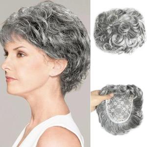 Natural Curly Human Hair Topper 13x13cm Clip in Wavy Replacement Wiglet Short Hair Topper for Women with Thinning Hair Silver Grey Color